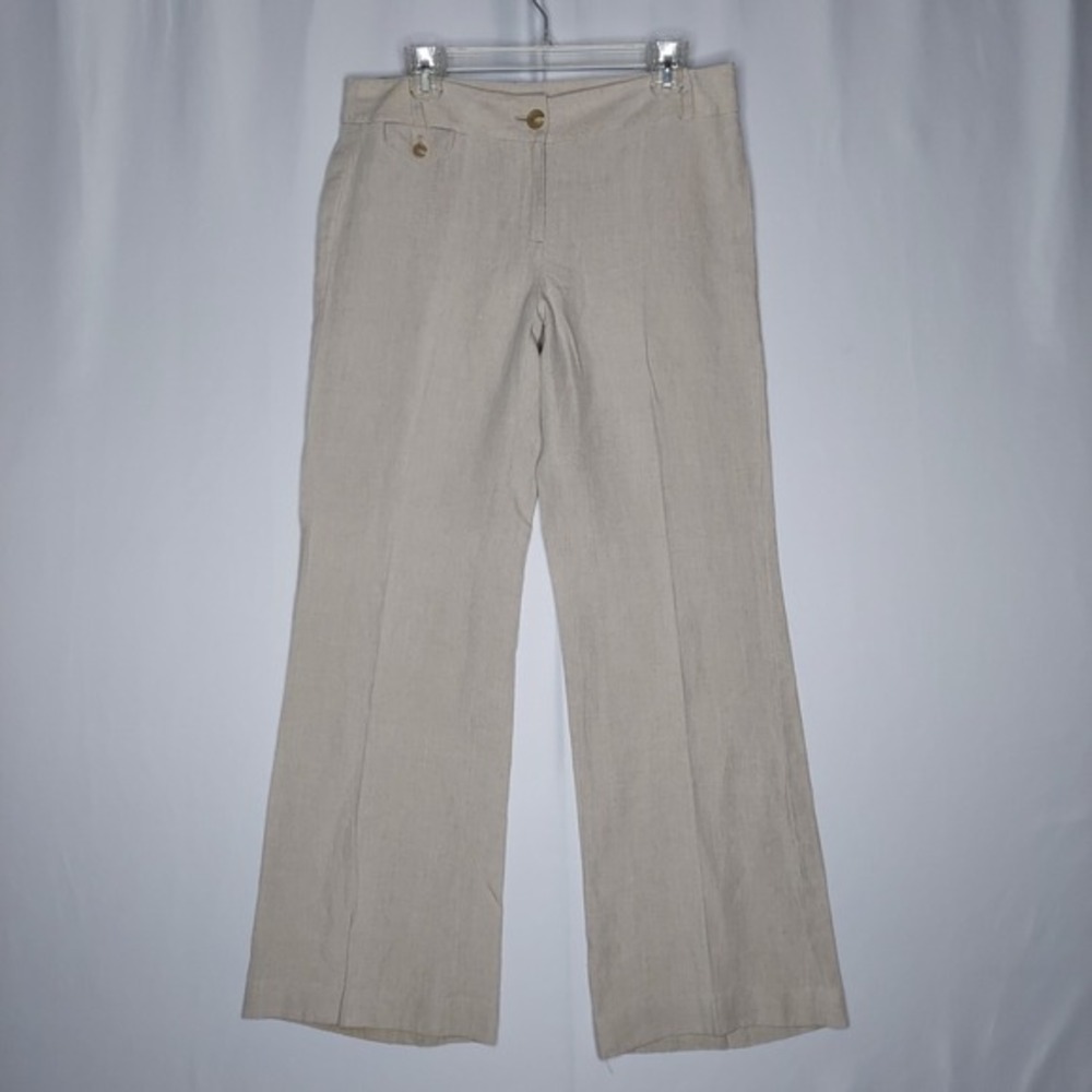 Loft Linen Trouser Pants Women 8 Beige Bootcut Midrise Pocket Button Zip Office